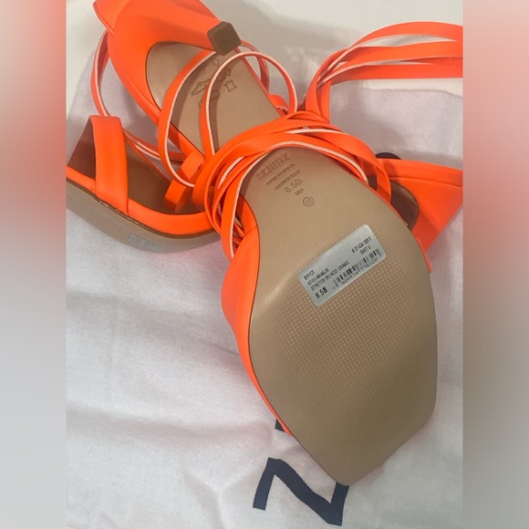 SCHUTZ Bryce Leather Strap Ankle-Wrap Sandal in Acid Orange - Picture 10 of 12